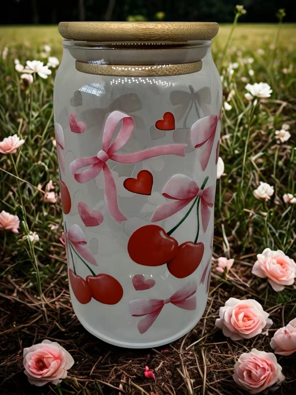 Cherry & Pink Bow Glass Jar with Wooden Lid